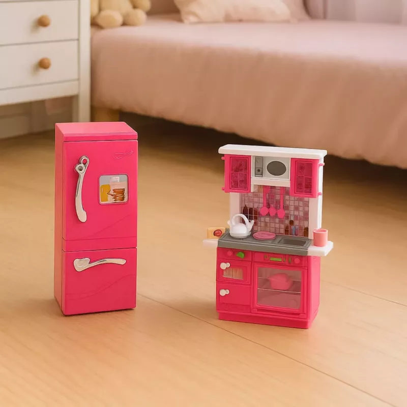 LEAN TOYS Set de cocina para muñecas con frigorífico, cocina y accesorios, rosa