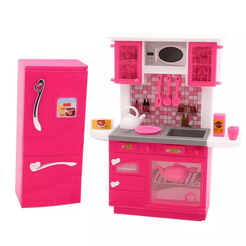 LEAN TOYS Set de cocina para muñecas con frigorífico, cocina y accesorios, rosa