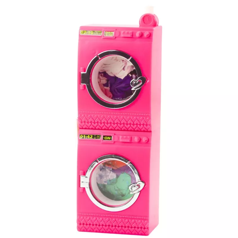 LEAN TOYS Set de lavandería para muñecas lavadora, secadora, cesta de la ropa y perchas rosa