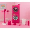 LEAN TOYS Set de lavandería para muñecas lavadora, secadora, cesta de la ropa y perchas rosa