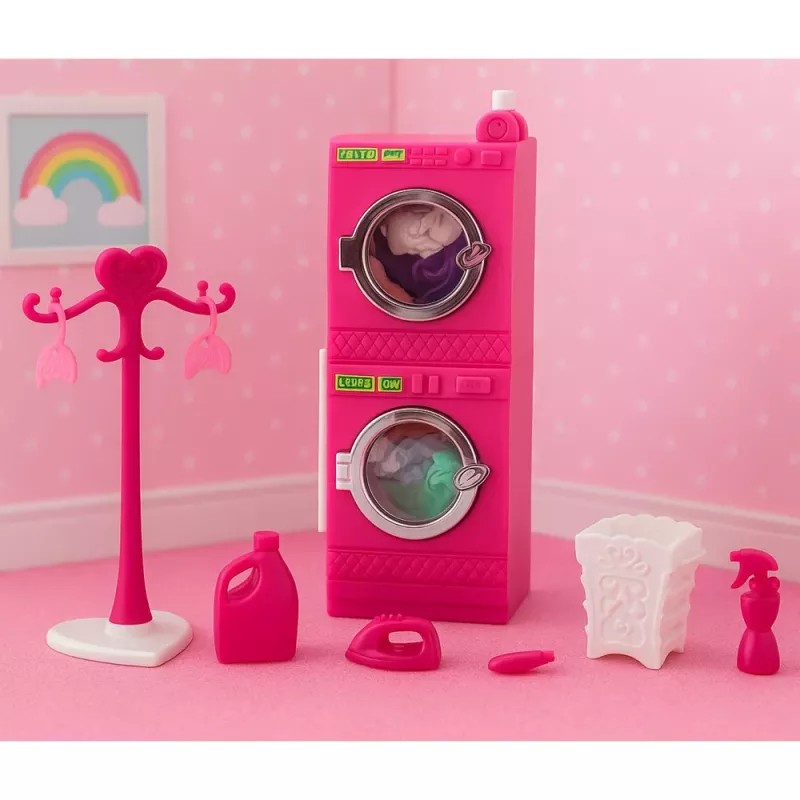 LEAN TOYS Set de lavandería para muñecas lavadora, secadora, cesta de la ropa y perchas rosa