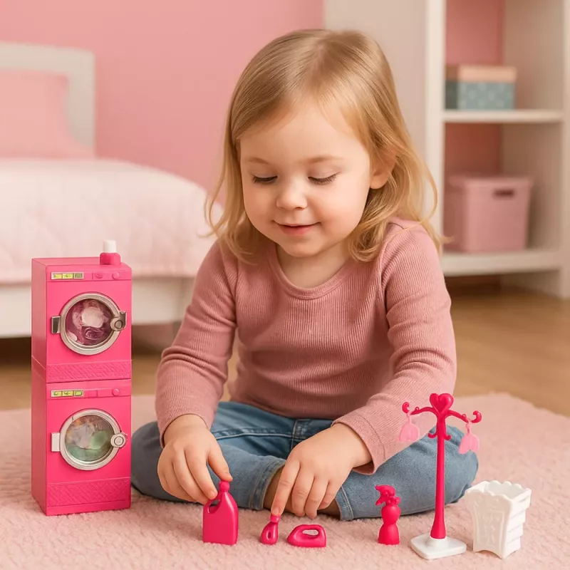 LEAN TOYS Set de lavandería para muñecas lavadora, secadora, cesta de la ropa y perchas rosa
