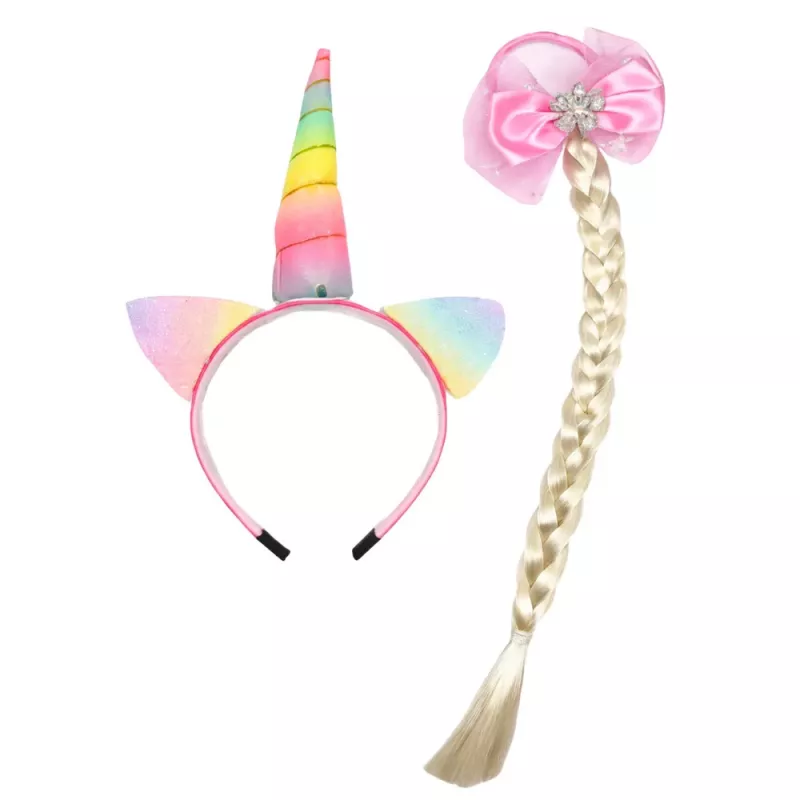 LEAN TOYS Set de diadema de unicornio con trenza y lazo pastel