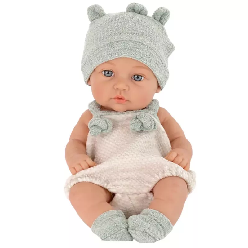 LEAN TOYS Muñeca bebé, conjunto gris, gorro, babero, 18 cm