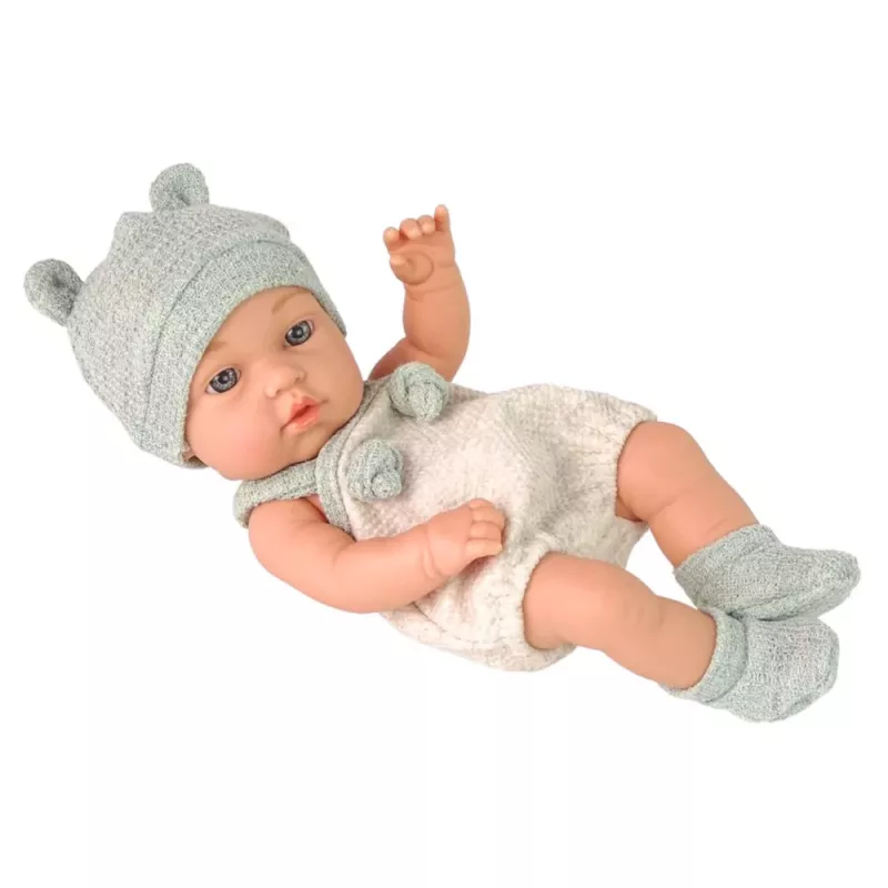 LEAN TOYS Muñeca bebé, conjunto gris, gorro, babero, 18 cm