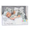 LEAN TOYS Muñeca bebé, conjunto gris, gorro, babero, 18 cm