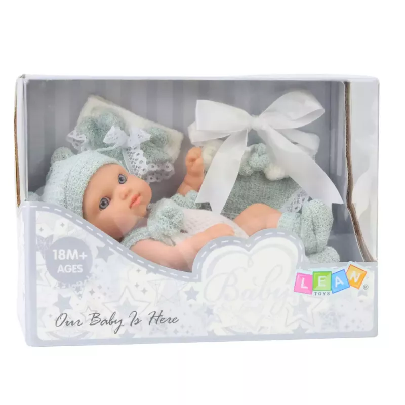 LEAN TOYS Muñeca bebé, conjunto gris, gorro, babero, 18 cm