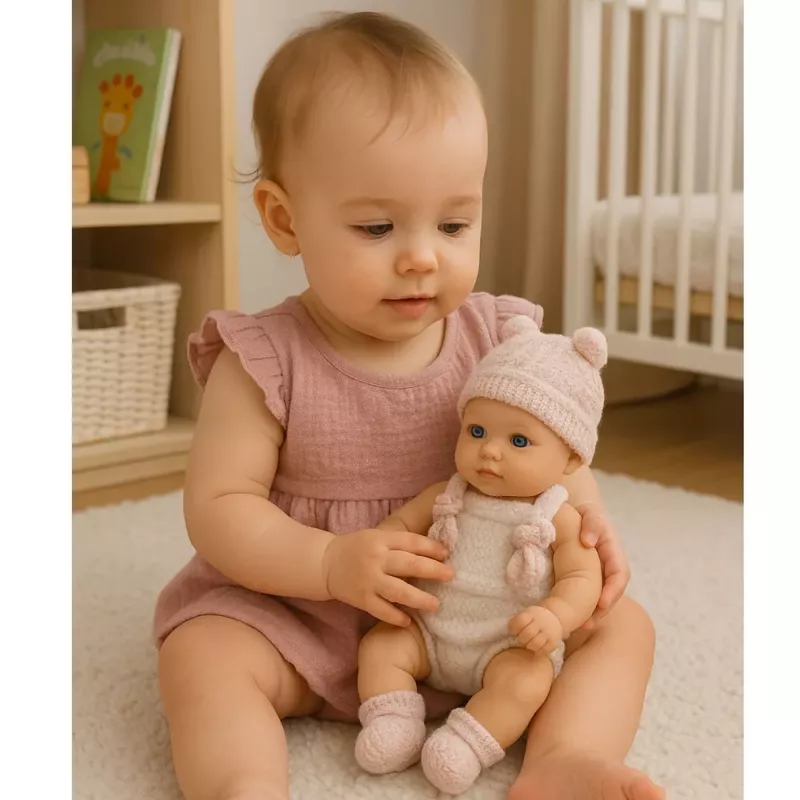 LEAN TOYS Muñeca bebé, conjunto rosa, gorro, babero, 18 cm