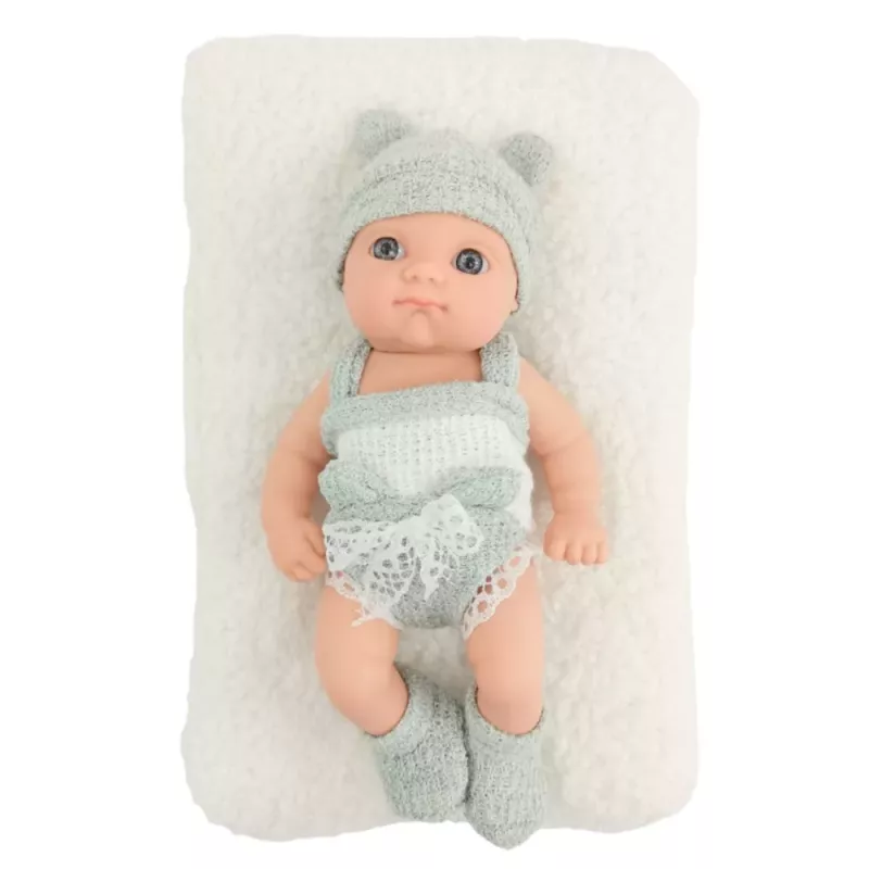 LEAN TOYS Muñeca bebé con manta, conjunto en blanco y gris, gorro, 18 cm