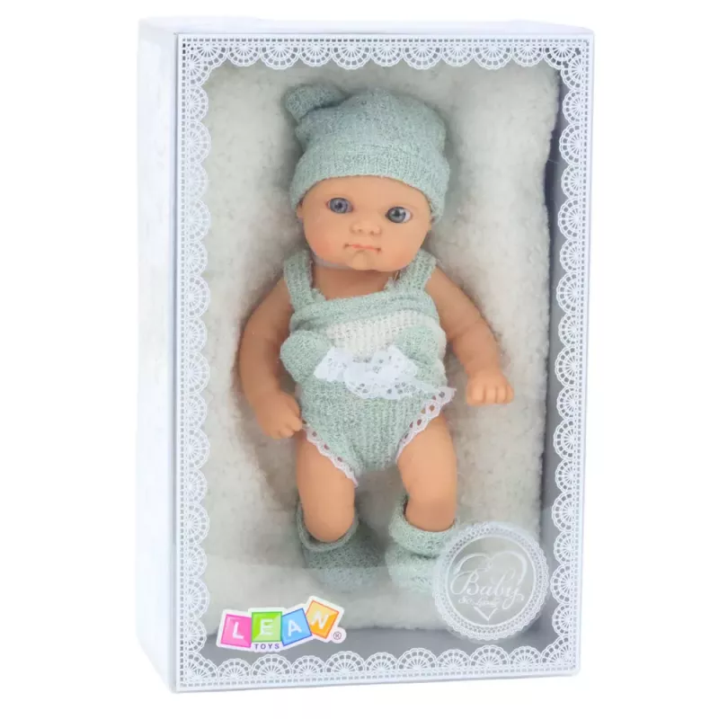 LEAN TOYS Muñeca bebé con manta, conjunto en blanco y gris, gorro, 18 cm