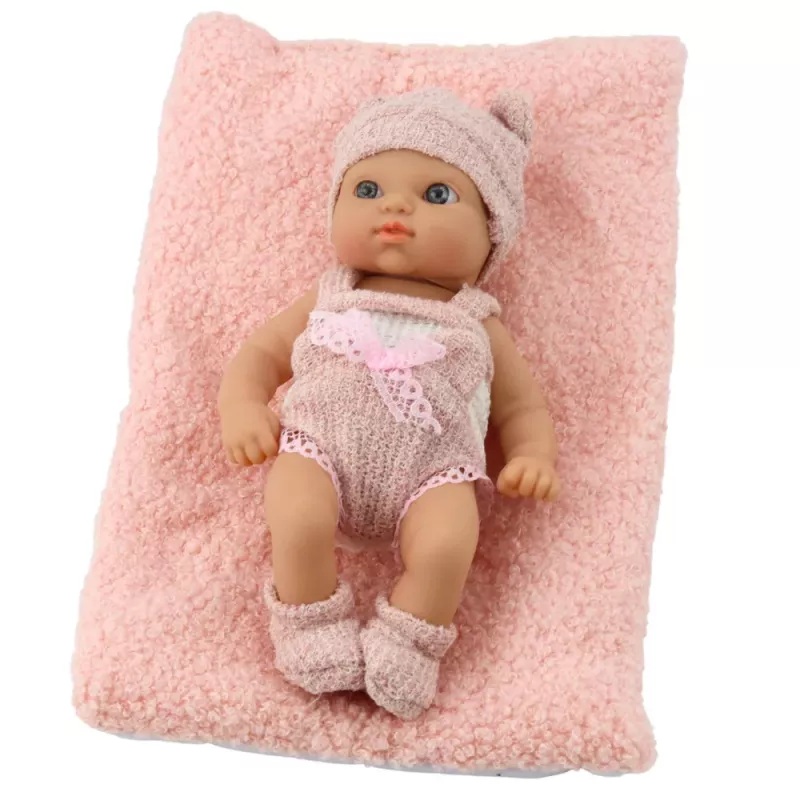 LEAN TOYS Muñeca bebé con manta, ropa blanca y rosa, gorro, 18 cm