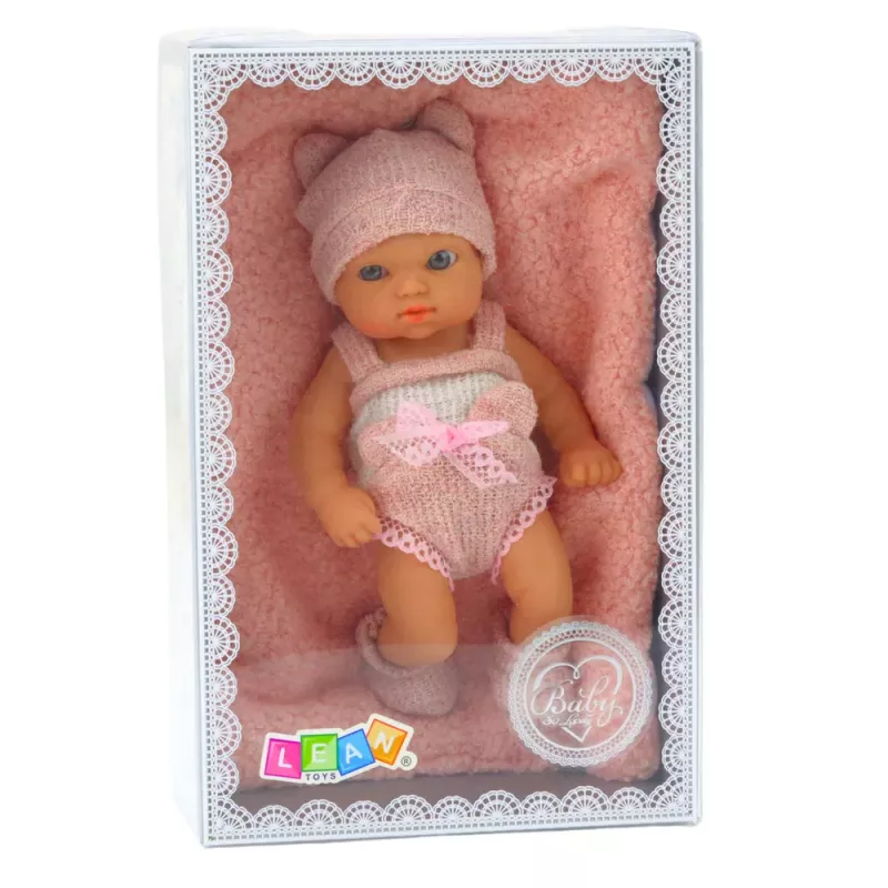 LEAN TOYS Muñeca bebé con manta, ropa blanca y rosa, gorro, 18 cm