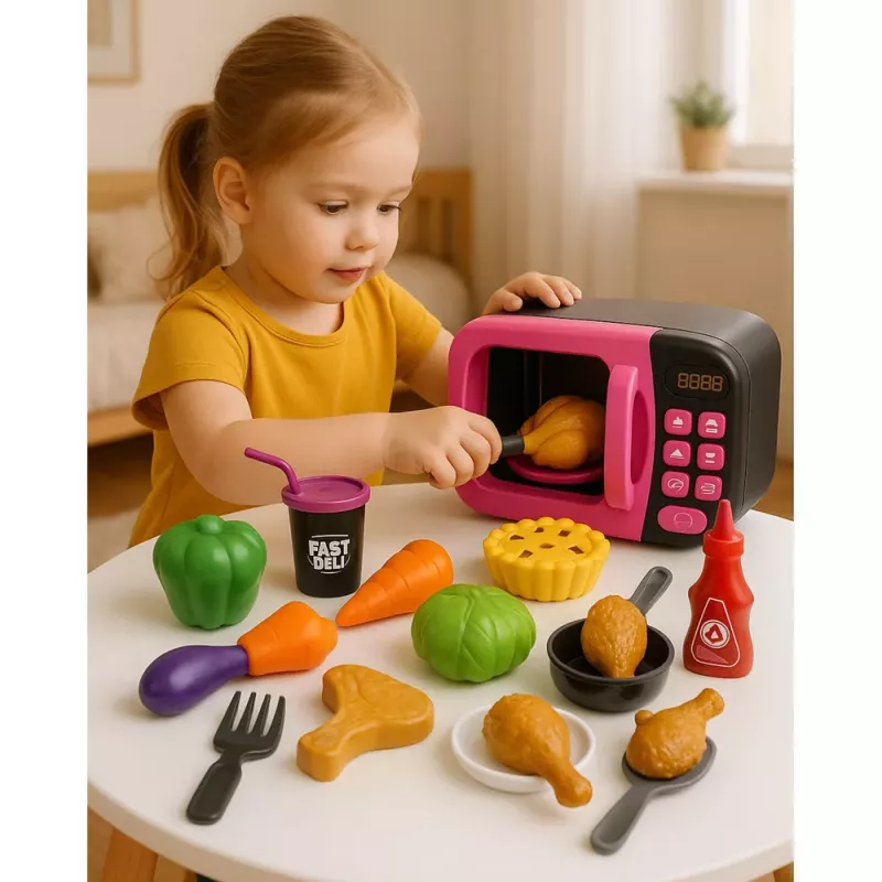 LEAN TOYS Microondas de juguete para niños con rotación 360°, luces y sonidos, rosa