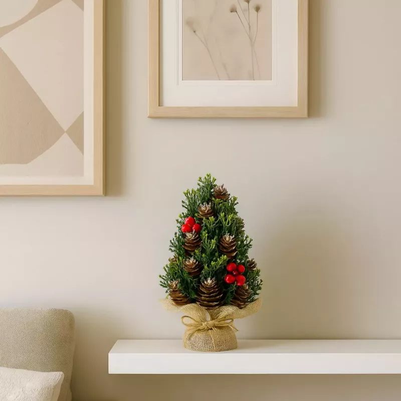 LEAN Piña de árbol de Navidad decorativa artificial con bayas rojas decoración 17x10cm