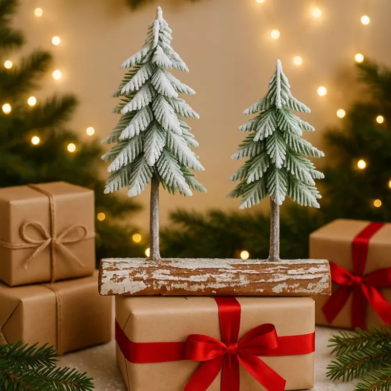 LEAN Composición de árbol de Navidad decoración sobre tronco cubierto de nieve 34 x 28 cm