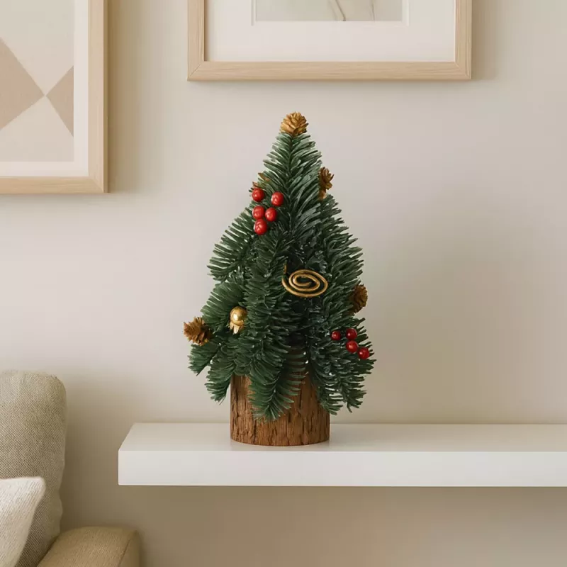 LEAN Árbol de Navidad decorativo sobre tronco con bayas rojas y piñas 38 x 15 cm