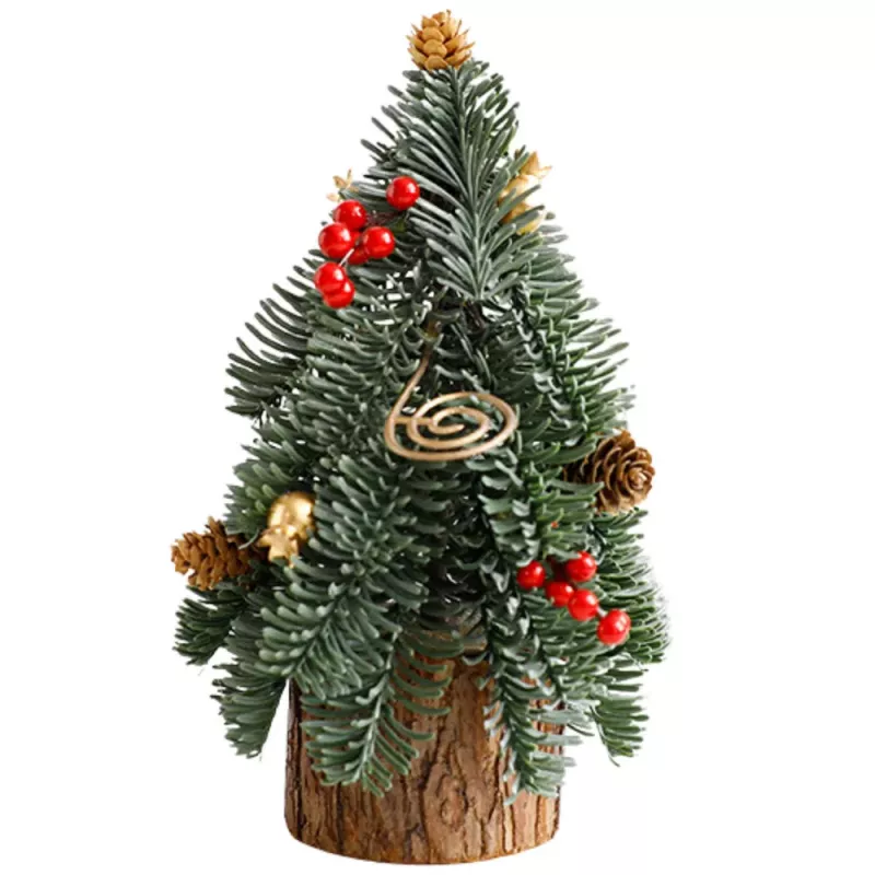 LEAN Árbol de Navidad decorativo sobre tronco con bayas rojas y piñas 38 x 15 cm