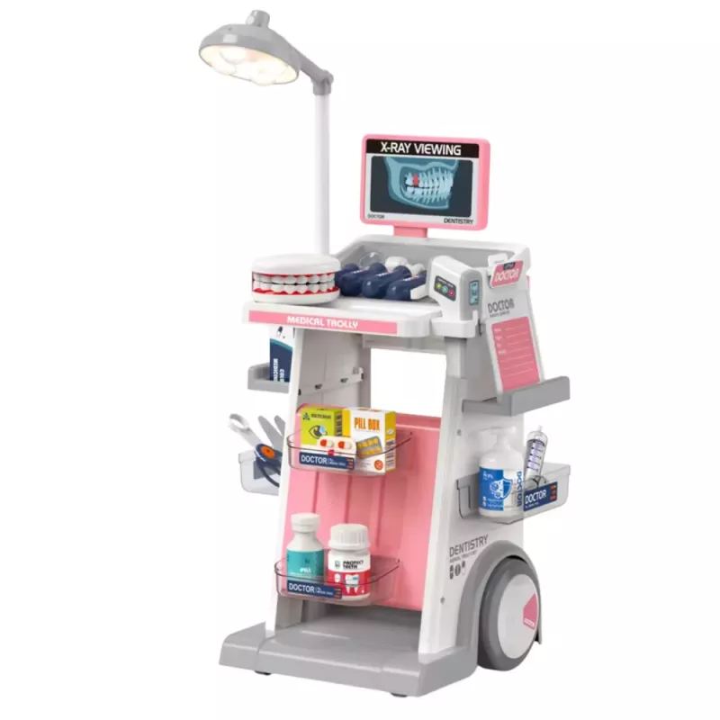 LEAN TOYS Set de médico-dentista con carrito médico y efectos de luz, rosa, 26 piezas