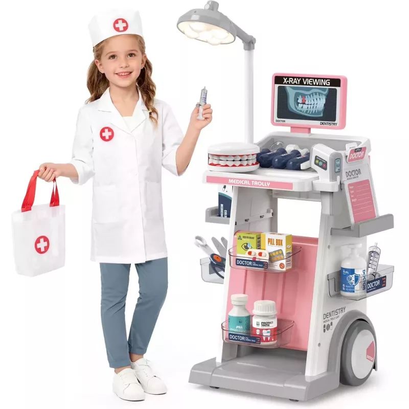 LEAN TOYS Set de médico-dentista con carrito médico y efectos de luz, rosa, 26 piezas