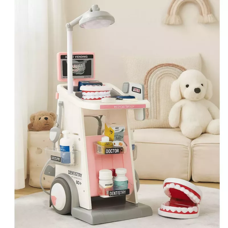 LEAN TOYS Set de médico-dentista con carrito médico y efectos de luz, rosa, 26 piezas