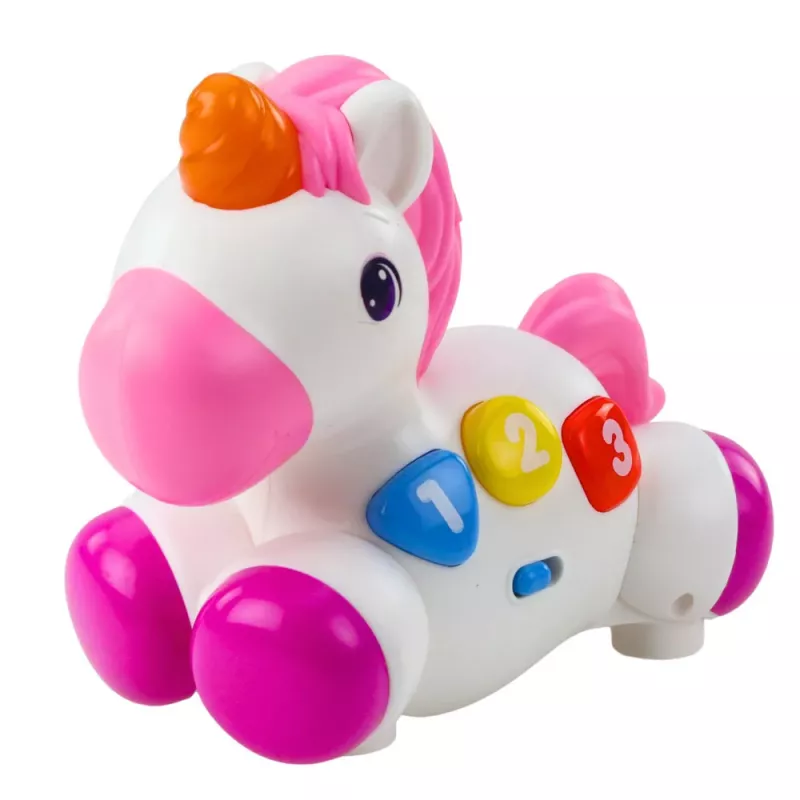 LEAN TOYS Juguete interactivo para niños pequeños unicornio sobre ruedas luz y sonido