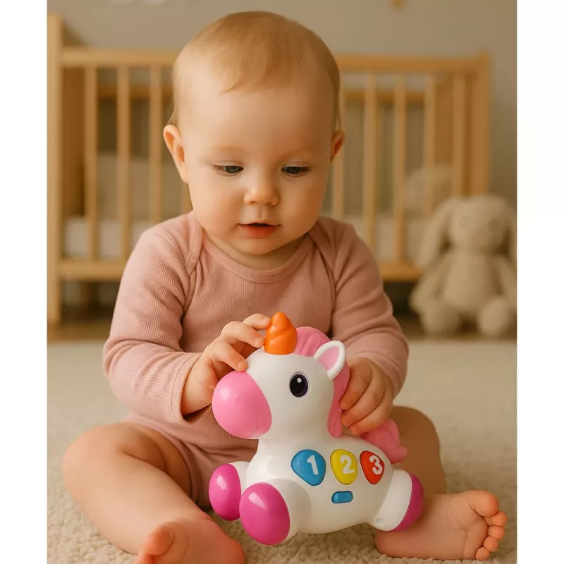 LEAN TOYS Juguete interactivo para niños pequeños unicornio sobre ruedas luz y sonido