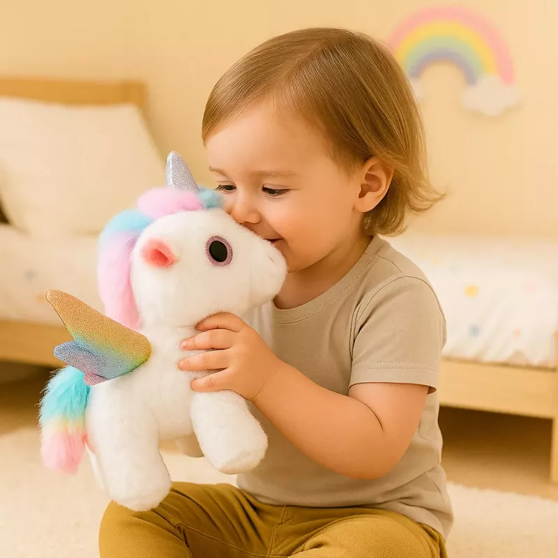 LEAN TOYS Unicornio de peluche interactivo se mueve sonidos blanco 21 cm
