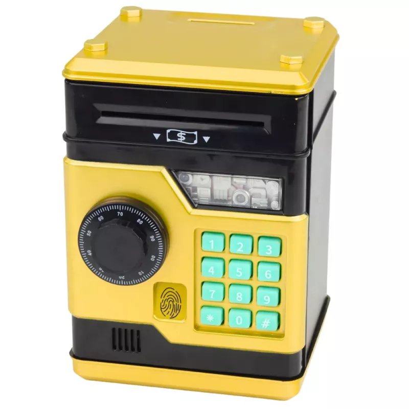 LEAN TOYS Caja fuerte electrónica cajero automático con luz y sonido, código PIN, dorado