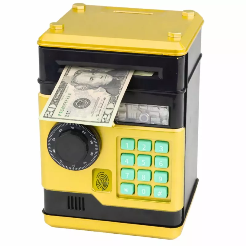 LEAN TOYS Caja fuerte electrónica cajero automático con luz y sonido, código PIN, dorado