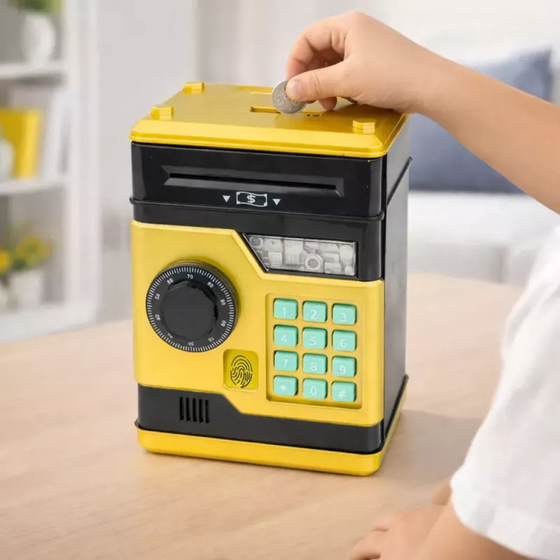 LEAN TOYS Caja fuerte electrónica cajero automático con luz y sonido, código PIN, dorado
