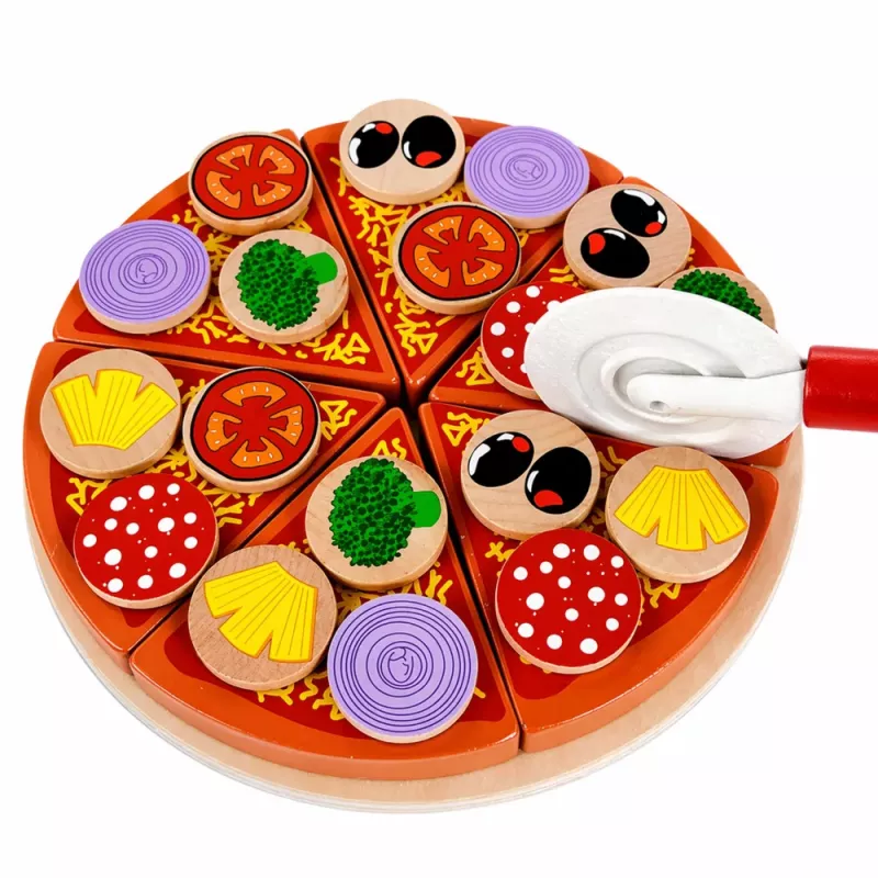 LEAN TOYS Set de pizza de madera para cortar con rueda de velcro y tabla de cortar