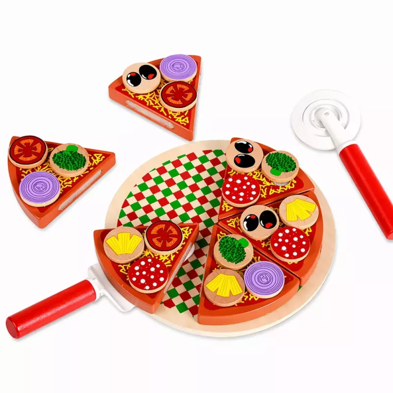 LEAN TOYS Set de pizza de madera para cortar con rueda de velcro y tabla de cortar