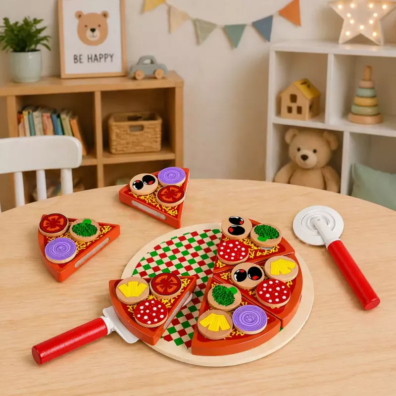 LEAN TOYS Set de pizza de madera para cortar con rueda de velcro y tabla de cortar