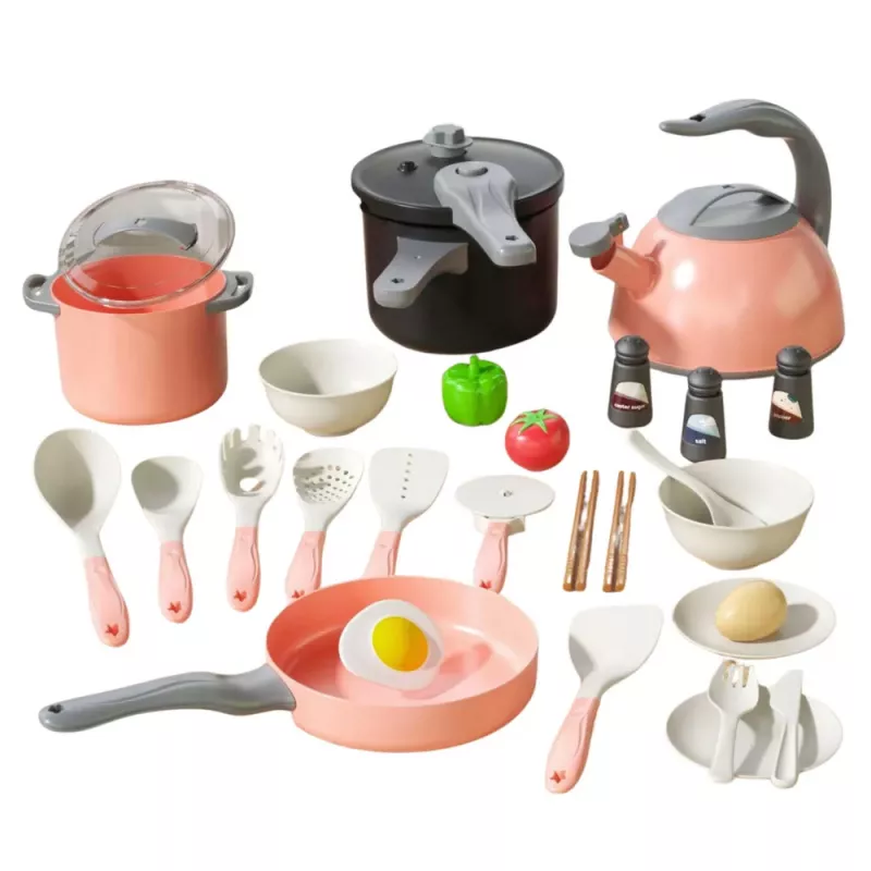 LEAN TOYS Set de cocina ollas utensilios de cocina comida rosa 32 piezas