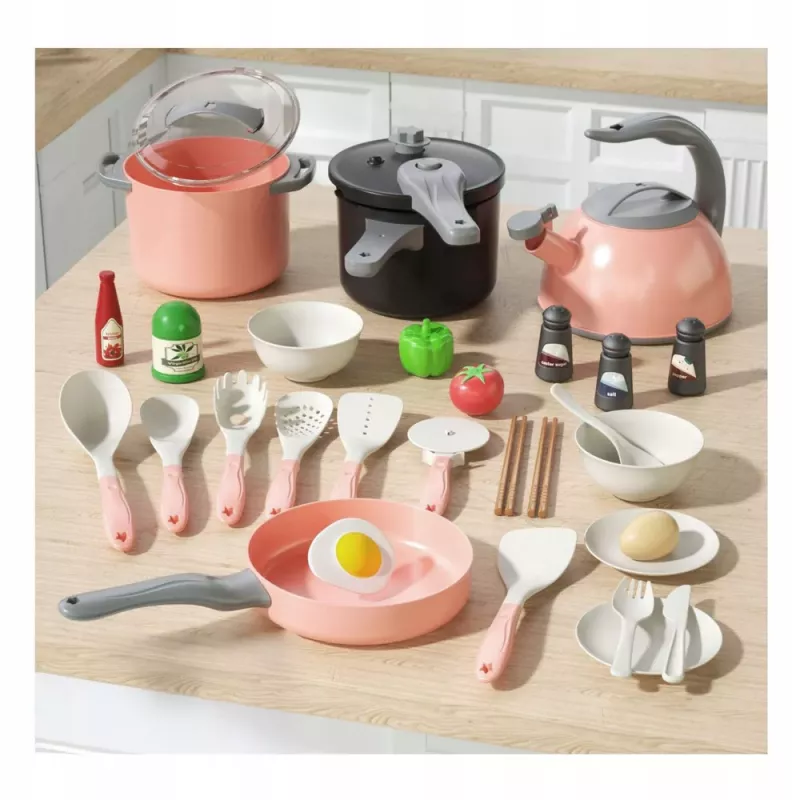 LEAN TOYS Set de cocina ollas utensilios de cocina comida rosa 32 piezas