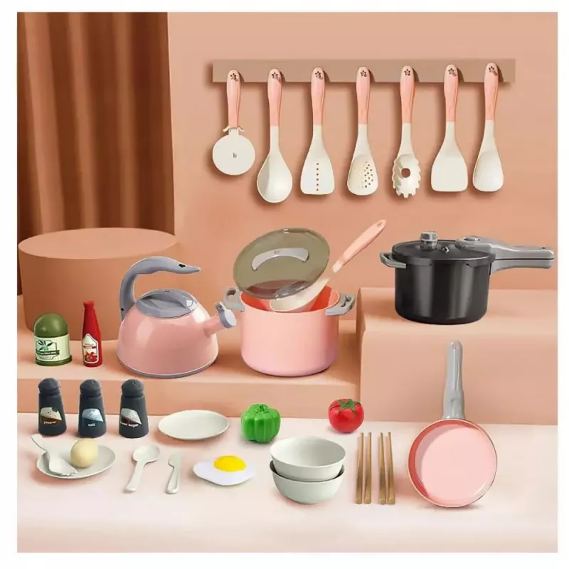 LEAN TOYS Set de cocina ollas utensilios de cocina comida rosa 32 piezas