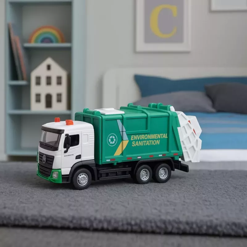 LEAN TOYS Camión de basura para niños, cabina de metal, contenedor, luces, sonidos, verde