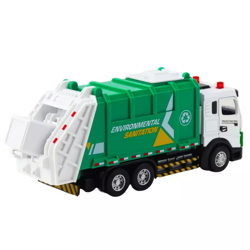 LEAN TOYS Camión de basura para niños, cabina de metal, contenedor, luces, sonidos, verde