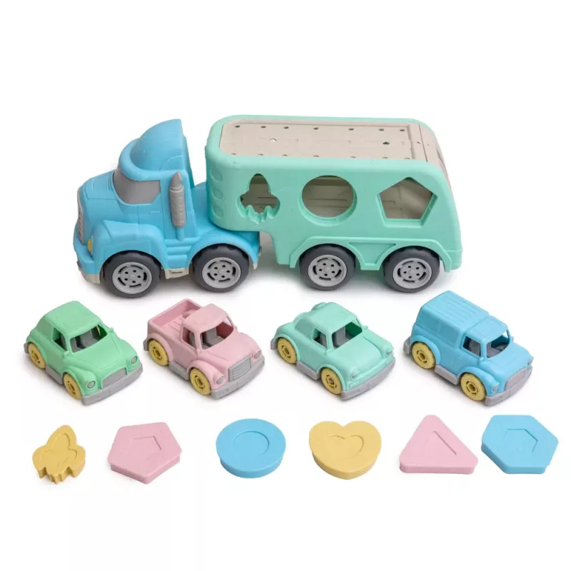 LEAN TOYS Camión grúa de rescate juguete educativo clasificador con coches bloques pastel plástico BIO