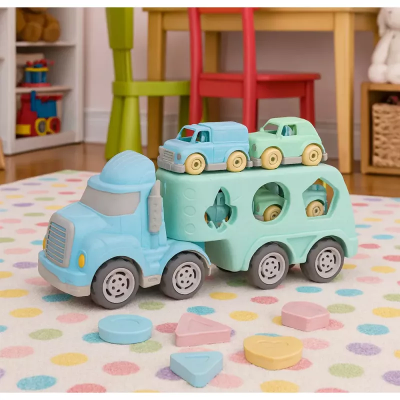 LEAN TOYS Camión grúa de rescate juguete educativo clasificador con coches bloques pastel plástico BIO