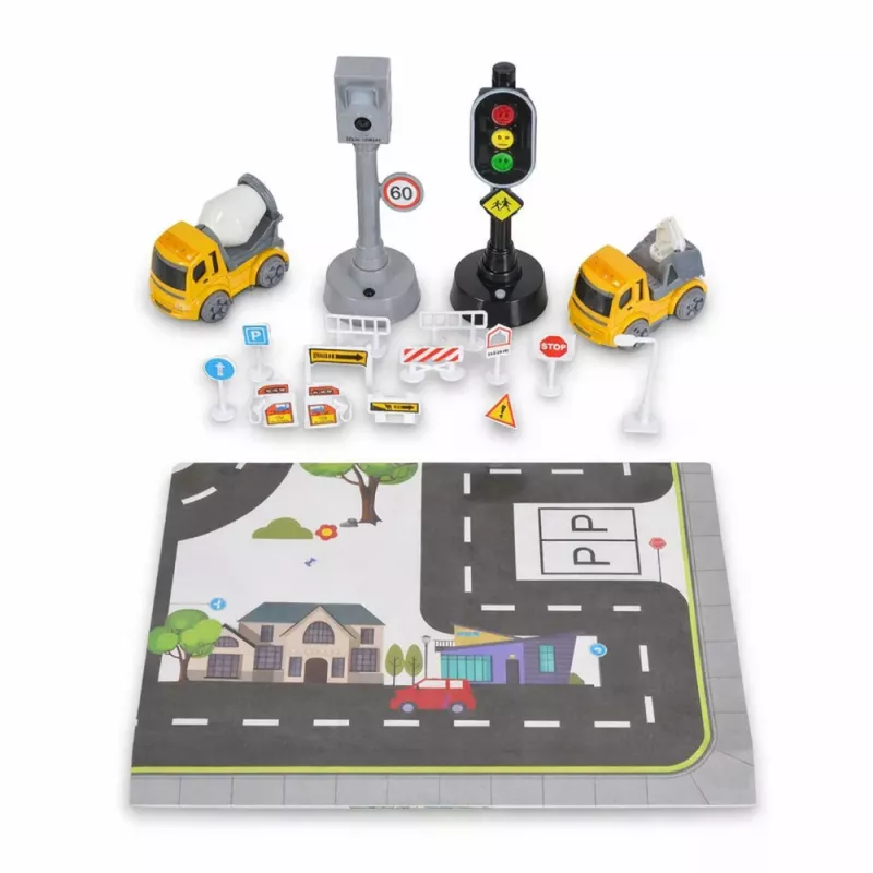 LEAN TOYS Set semáforos, radar, alfombra, vehículos de obra, luz y sonido