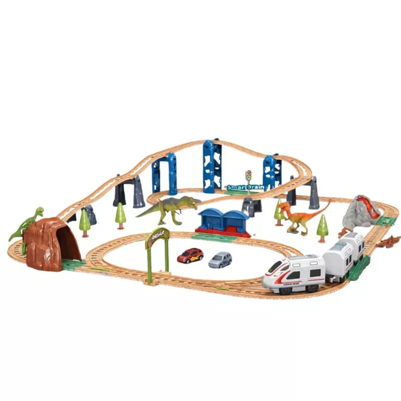 LEAN TOYS Tren eléctrico interactivo con túnel, volcán y dinosaurios, 95 cm
