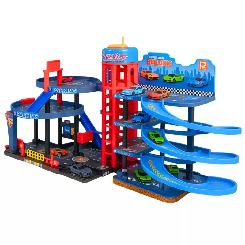 LEAN TOYS Parking con coches, pista de carreras de 4 plantas, 8 vehículos de metal, pegatinas