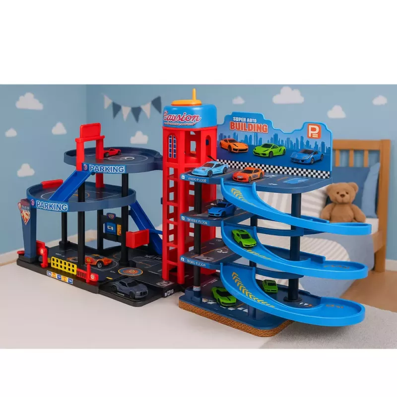 LEAN TOYS Parking con coches, pista de carreras de 4 plantas, 8 vehículos de metal, pegatinas