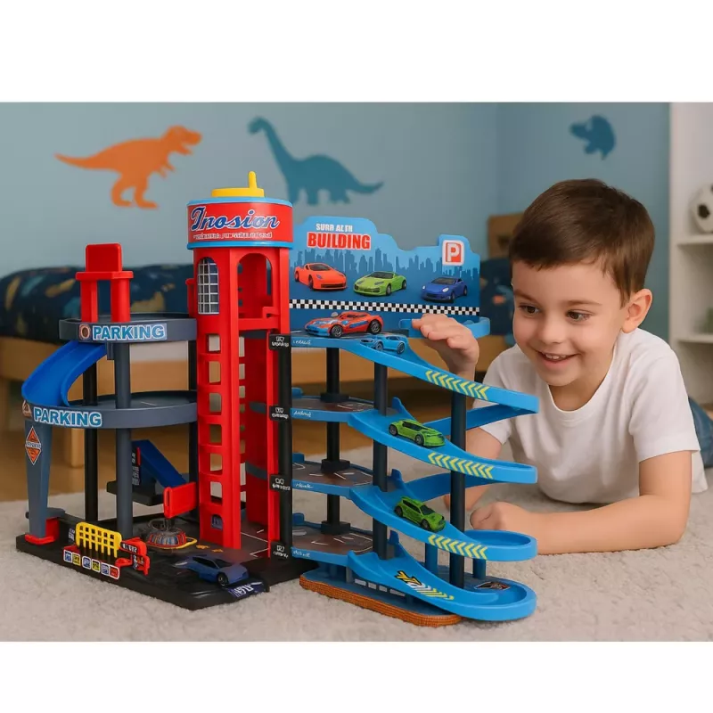 LEAN TOYS Parking con coches, pista de carreras de 4 plantas, 8 vehículos de metal, pegatinas