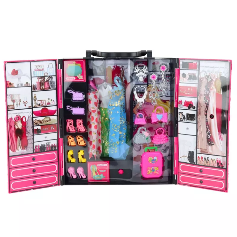 LEAN TOYS Set armario rosa para muñecas, vestidos, zapatos, accesorios
