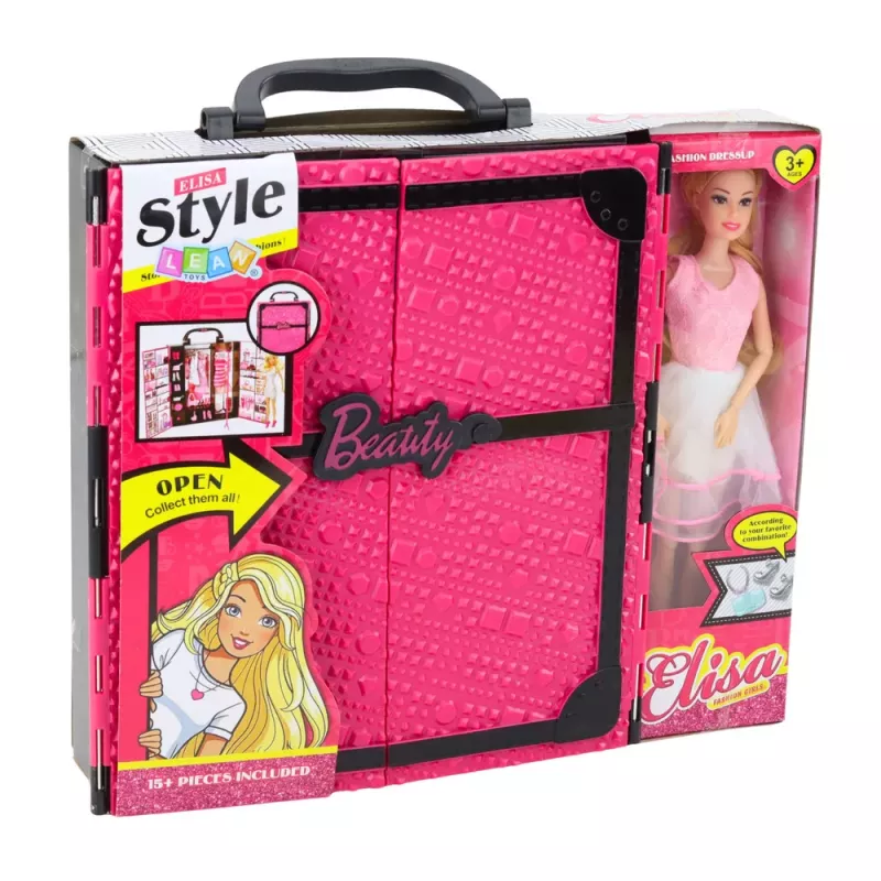 LEAN TOYS Set armario rosa para muñecas, vestidos, zapatos, accesorios