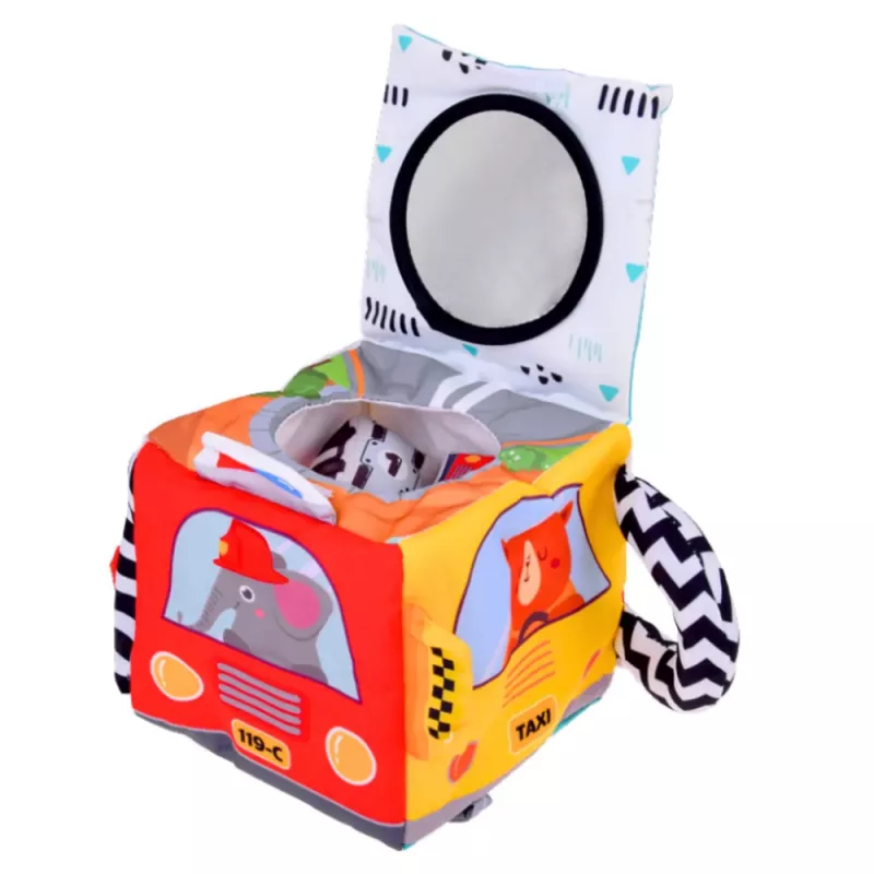 LEAN TOYS Cubo sensorial suave con espejo coches y señales de tráfico para niños pequeños