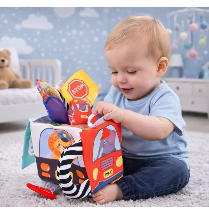 LEAN TOYS Cubo sensorial suave con espejo coches y señales de tráfico para niños pequeños