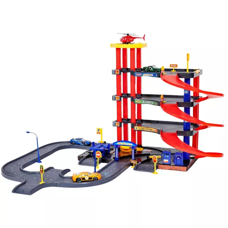 LEAN TOYS Estacionamiento con 4 Niveles, Ascensor, Helicóptero y Coches, 70 Piezas